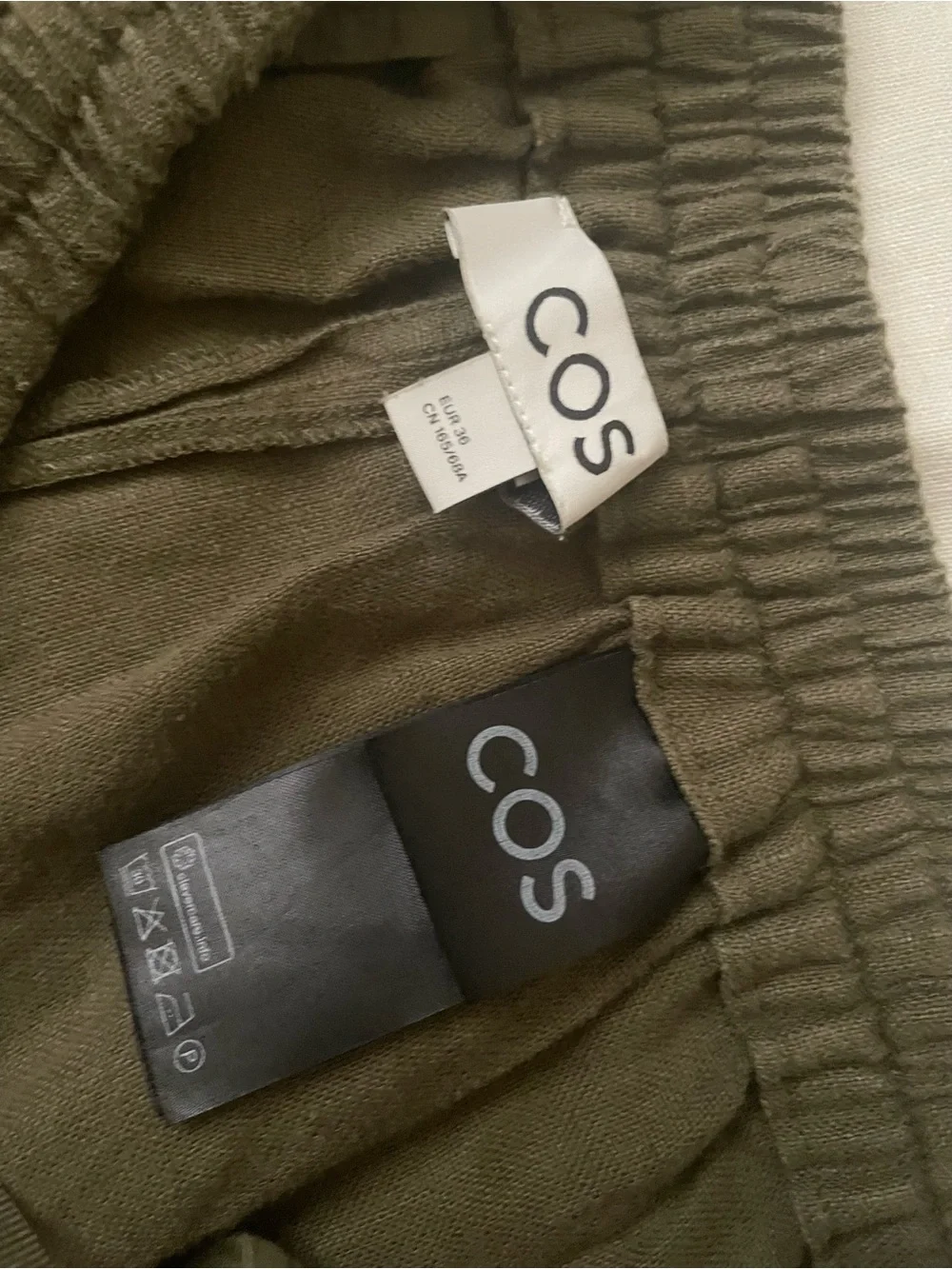 COS Olive Elastic Waist Wide Leg Cropped Linen Trousers